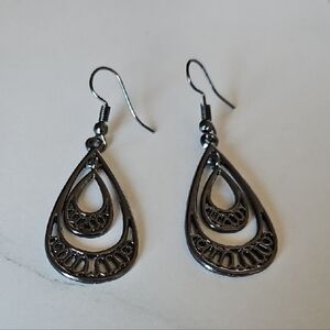 Gunmetal Teardrop Filigree Dangle Earrings